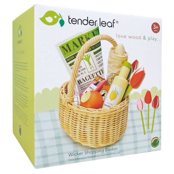 Cos de cumparaturi din rachita din lemn premium, Tender Leaf Toys, 13 piese
