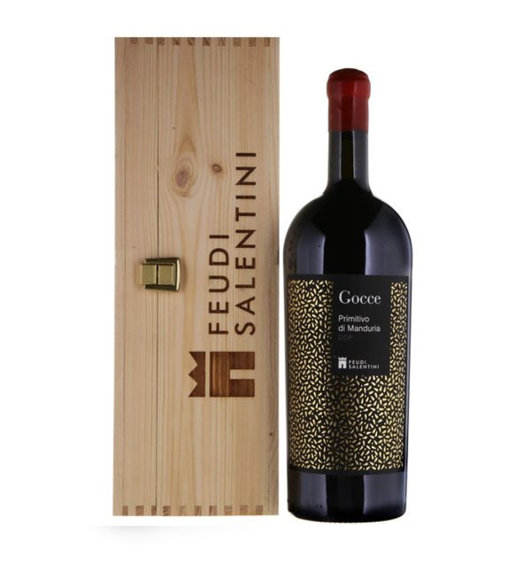 Feudi Salentini Gocce Primitivo di Manduria DOP Magnum Cutie Lemn - Vin Rosu Sec - Italia - 1.5L